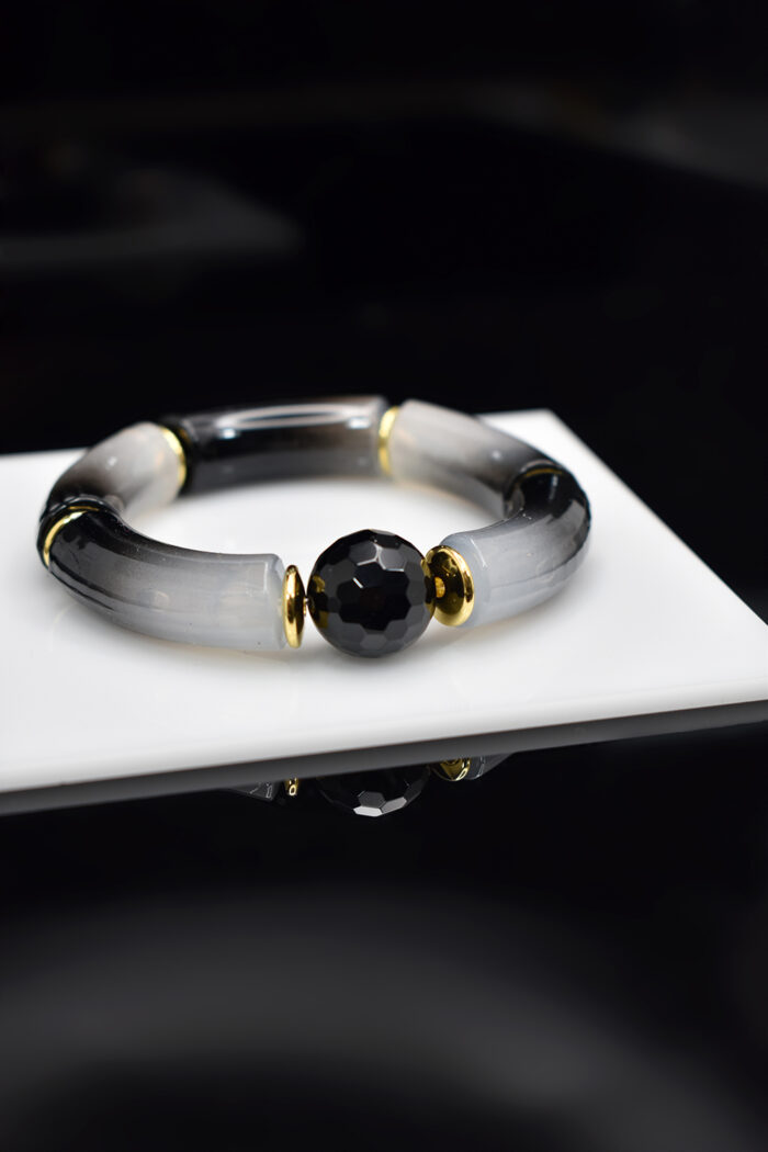 Βραχιόλια Βραχιόλι με μαύρη πέτρα αχάτη και μαύρα ημιδιάφανα tubes Eleven K Jewelry