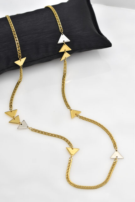 Necklaces Long Necklace with Gold Chain and Geometric Triangle Elements Eleven K Jewelry