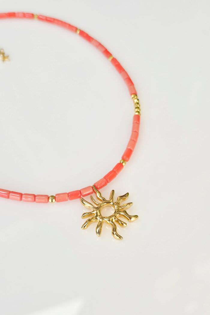 Necklaces Short Coral Red Necklace with Sun Pendant Eleven K Jewelry