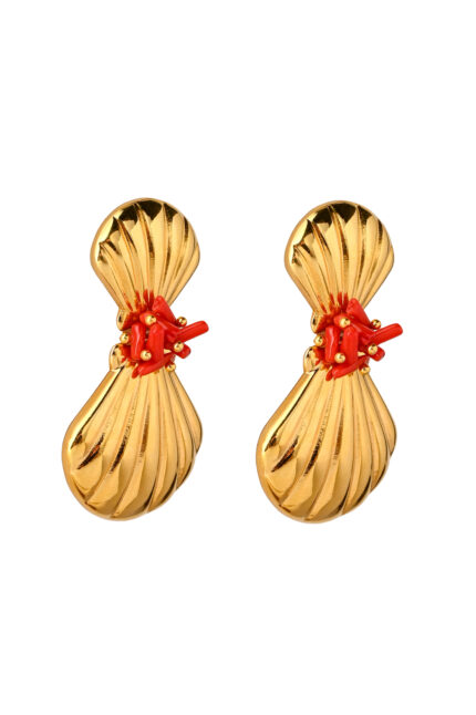 Earrings SIRENA – Gold Drop Earrings with Shell Motif and Red Coral Eleven K Jewelry