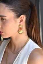 Earrings SIRENA – Gold Drop Earrings with Shell Motif and Red Coral Eleven K Jewelry