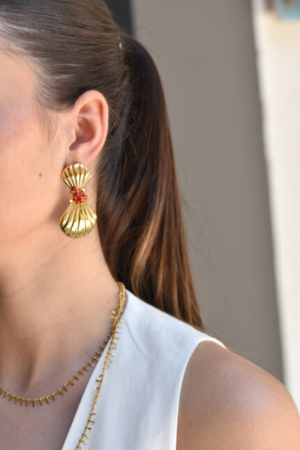 Earrings SIRENA – Gold Drop Earrings with Shell Motif and Red Coral Eleven K Jewelry