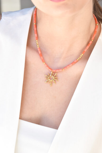 Eleven K -The Summer Edit Collection SOLARE – Coral-Toned Necklace with Gold-Plated Sun Pendant Eleven K Jewelry
