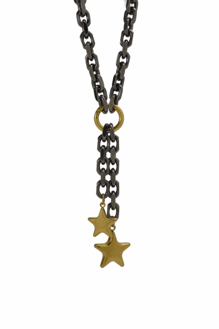 Necklaces CELESTE -Gunmetal Chain Necklace with Dangling Gold Stars Eleven K Jewelry