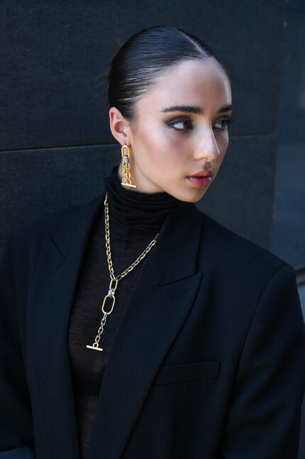 Necklaces DEVA -Statement Lariat Necklace with Gold-Plated Chain & Two-Tone Oversized Hoops Eleven K Jewelry
