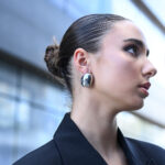 Necklaces ORELLE -Long Statement Necklace with Hammered Asymmetrical Hoops in Two-Tone Finish Eleven K Jewelry