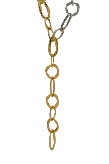 Necklaces ORELLE -Long Statement Necklace with Hammered Asymmetrical Hoops in Two-Tone Finish Eleven K Jewelry