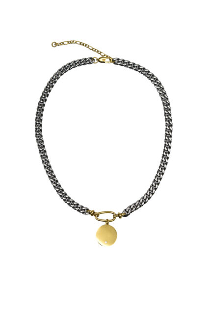 Necklaces NARIA – Gunmetal Chain Necklace with Stainless Steel Disc & Clear Crystal Eleven K Jewelry