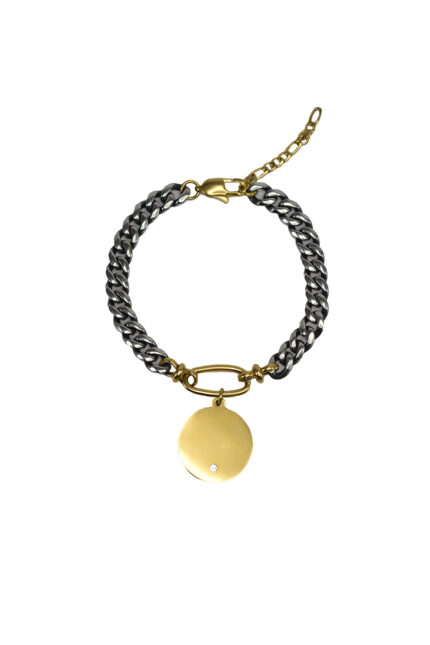 Bracelets NARIA -Gunmetal Chain Bracelet with Stainless Steel Disc & Clear Crystal Eleven K Jewelry