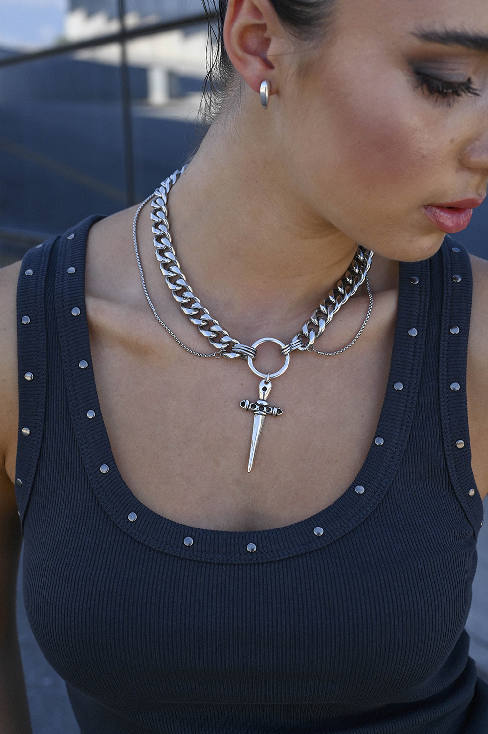 SACRED – Ασημί rock statement κολιέ με διπλή αλυσίδα και μενταγιόν ξίφος elevenkjewelry.com URBAN CODE URBAN CODE SACRED – Ασημί rock statement κολιέ με διπλή αλυσίδα και μενταγιόν ξίφος Eleven K Jewelry