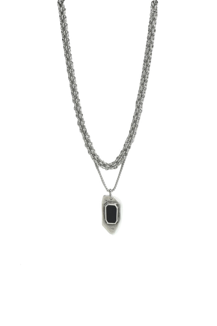 Necklaces ROGUE – Silver Necklace with Double Chain and Geometric Black Enamel Pendant Eleven K Jewelry