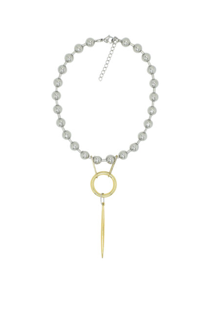 LEVEL K SIGN -Γυναικείο κολιέ σε διχρωμία με μεταλλικά στοιχεία, χρυσό κρίκο και κάθετη μπάρα Eleven K Jewelry