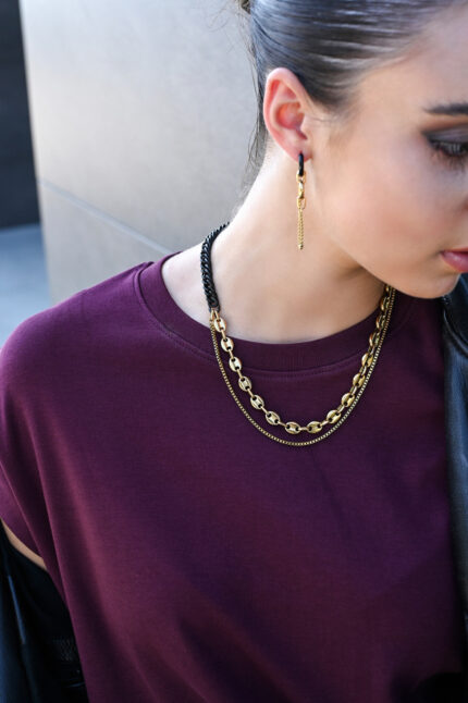 LEVEL K LINK – Γυναικείο κολιέ σε διχρωμία με μαύρη & διπλή χρυσή αλυσίδα Eleven K Jewelry