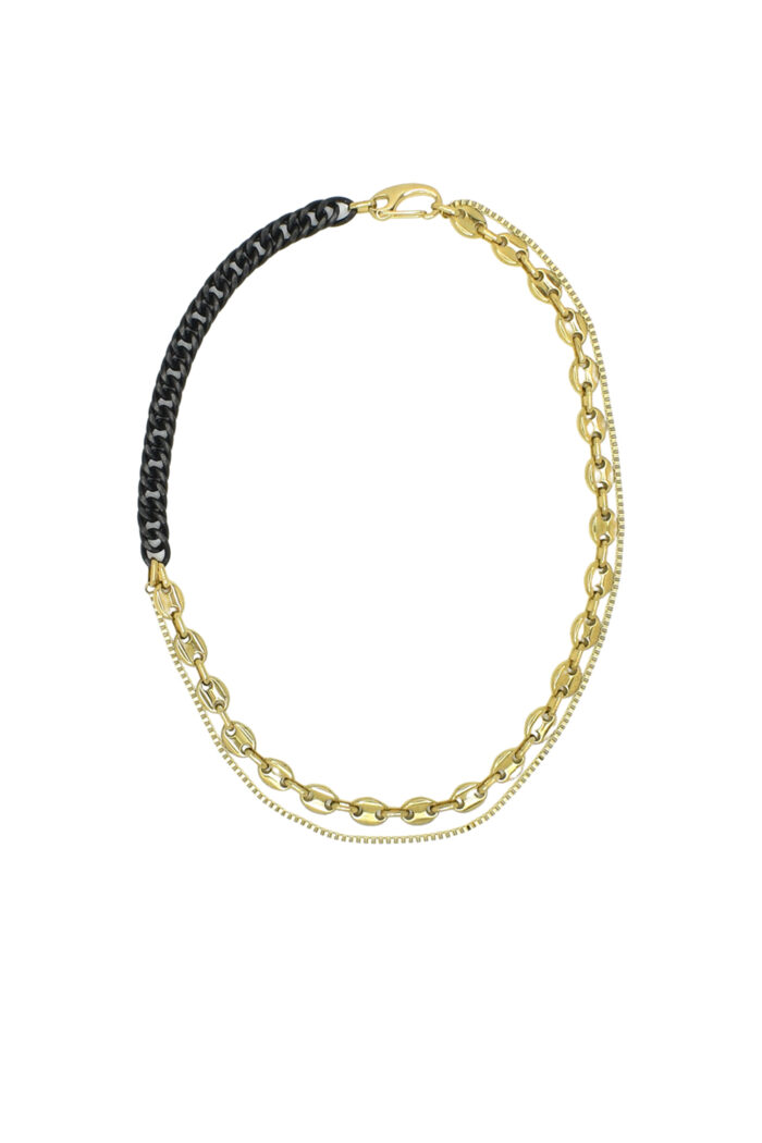 LEVEL K LINK – Γυναικείο κολιέ σε διχρωμία με μαύρη & διπλή χρυσή αλυσίδα Eleven K Jewelry